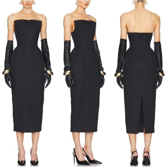 BEST Helsa The S Curve Midi Dress With Bow SzL Large Black Cocktail Holiday - Picture 3 of 14